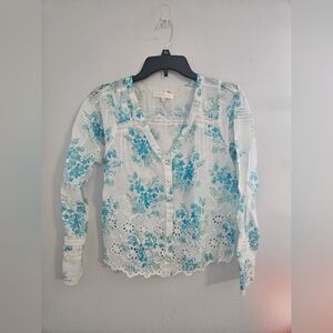 Love Shack Fancy Floral Blue and White Women's Top